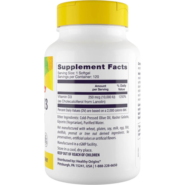 Витамин D3, Vitamin D3, Healthy Origins, 10 000 МЕ, 120 гелевых капсул