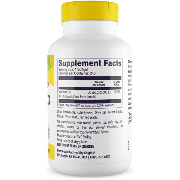 Витамин D3, Vitamin D3, Healthy Origins, 2000 МЕ, 240 гегевых капсул