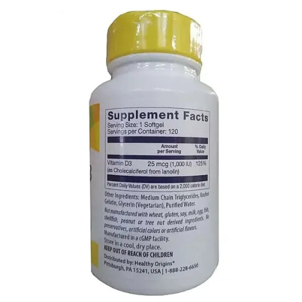 Вітамін D3 в маслі МСТ, Vitamin D3 in MCT Oil, Healthy Origins, 1000 МО, 120 гелевих капсул