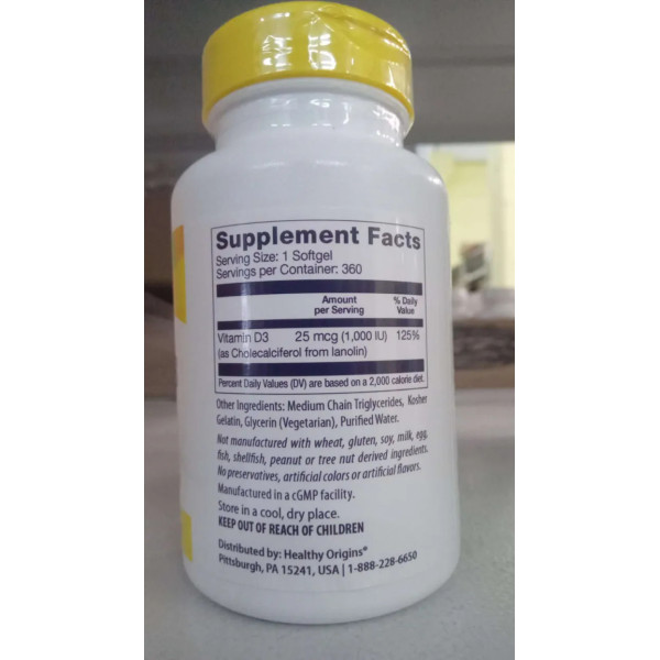 Вітамін D3 в маслі МСТ, Vitamin D3 in MCT Oil, Healthy Origins, 1000 МО, 360 гелевих капсул