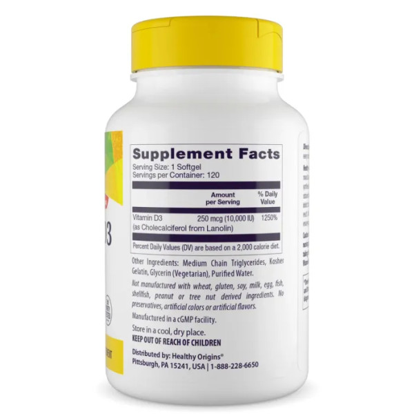 Вітамін D3 з олією МСТ, Vitamin D3, Healthy Origins, 10000 МО, 120 гелевих капсул