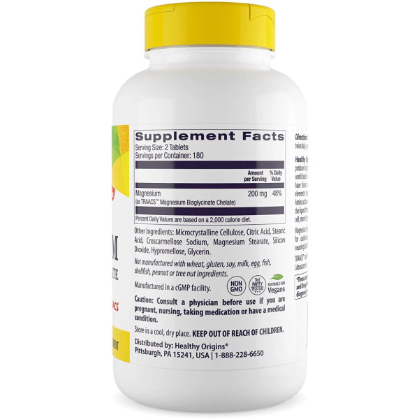 Магній бісгліцинат хелат, Magnesium Bisglycinate Chelate, Healthy Origins, 200 мг, 360 таблеток