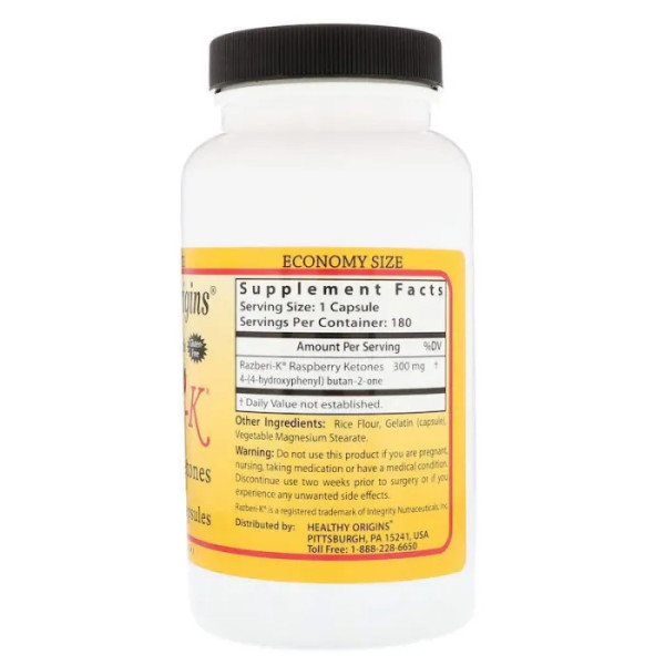 Жироспалювач кетони малини, Razberi-K, Raspberry Ketones, Healthy Origins, 300 мг, 180 капсул