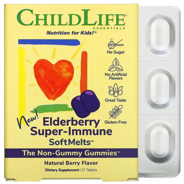 Бузина для підняття імунітету у дітей, Elderberry Super-Immune SoftMelts, ChildLife, 27 жувальних цукерок