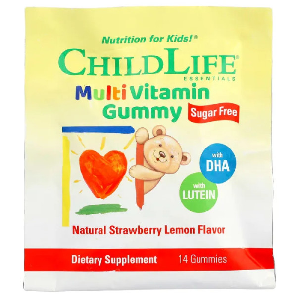 Мультивітаміни для дітей від 4 років, Multivitamin Gummy, ChildLife Essentials, з ДГК та лютеїном, смак полуниці та лимона, 14 жувальних таблеток