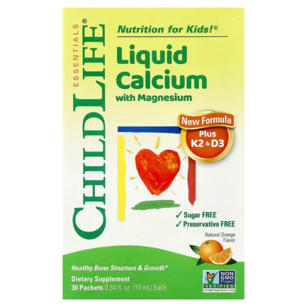 Кальцій із магнієм плюс K2 та D3, Liquid Calcium with Magnesium Plus K2&D3, ChildLife Essentials, для дітей від 6 місяців, зі смаком апельсину, 30 пакетів (по 10 мл кожен)