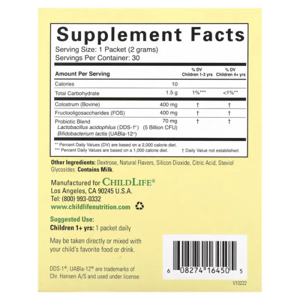 Пробіотики та молозиво, 5 млрд КУО, для дітей, Probiotics with Colostrum Powder Packets, ChildLife Essentials, ChildBiotics, смак тропічного апельсина, 30 пакетів по 2 г кожен