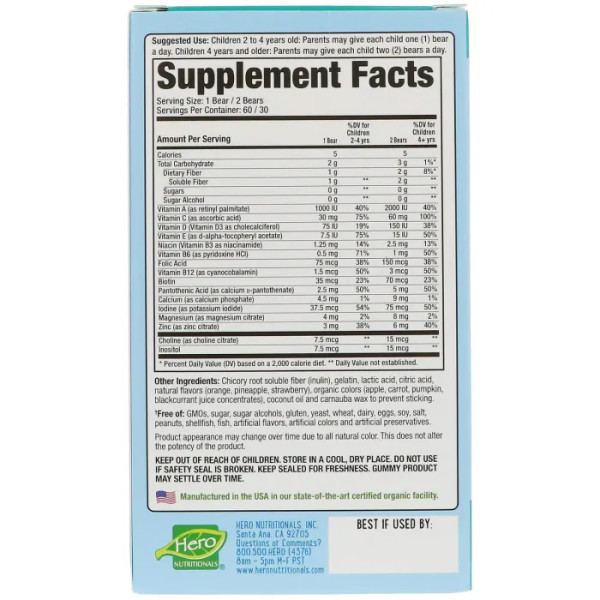 Вітаміни для дітей, Multi-Vitamin & Mineral, Hero Nutritional, Ведмедики Яммі, фруктовий смак, без цукру, 60 шт.