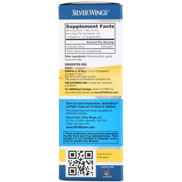 Колоїдне срібло, Colloidal Silver, Natural Path Silver Wings, 250 PPM, 120 мл