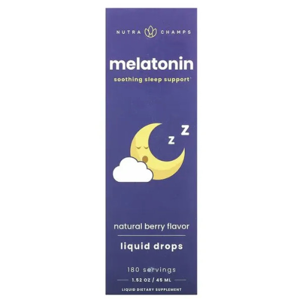 Мелатонін, Melatonin Liquid Drops, NutraChamps, смак натуральної ягоди, рідкі краплі, 45 мл.