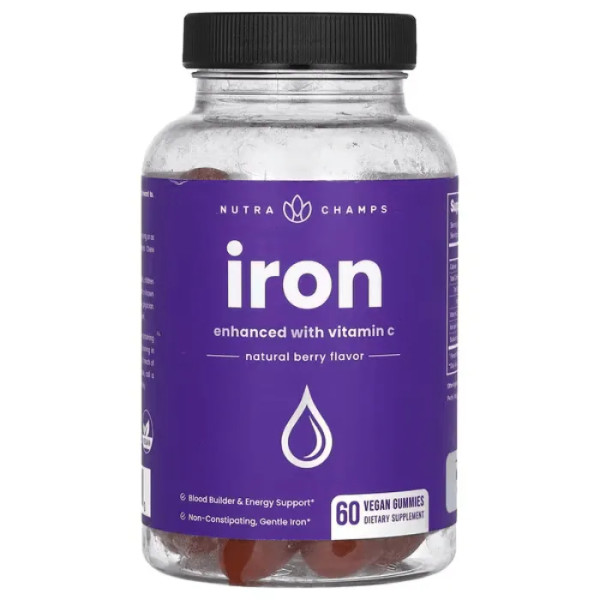 Залізо з вітаміном С, Iron Gummies, Enhanced with Vitamin C, NutraChamps, смак натуральних ягід, 60 веганських жувальних цукерок