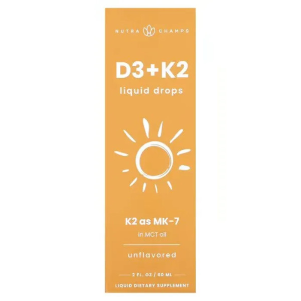 Вітаміни D3 та К2, Vitamin D3+K2, NutraChamps, неароматизовані, рідкі краплі, 60 мл.