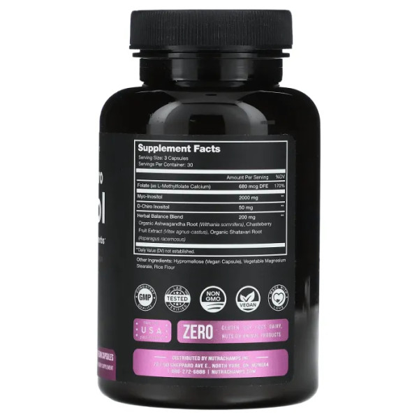 Міо- та D-хіроінозитол з фолатом і балансуючими травами, Myo & D-Chiro Inositol, NutraChamp, 90 веганських капсул