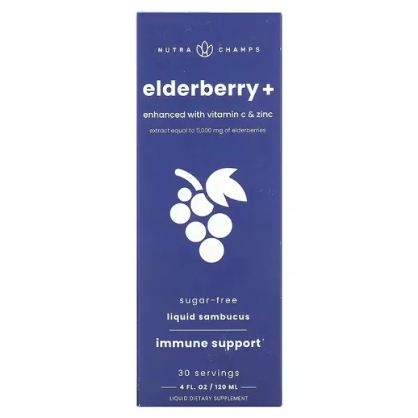 Бузина збагачена вітаміном С та цинком, Elderberry+, Enhanced with Vitamin C & Zinc, NutraChamps, смак натуральної ягоди, 120 мл