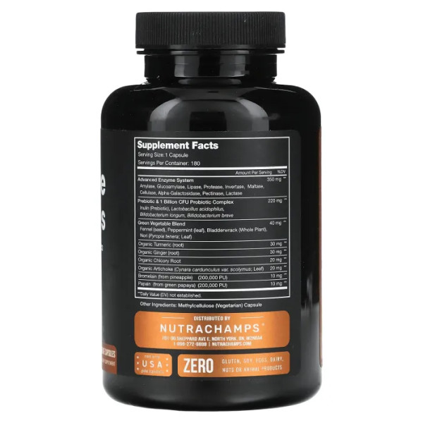 Травні ферменти з пребіотиками та пробіотиками, Digestive Enzymes with Prebiotics & Probiotics, NutraChamps, 180 вегетаріанських капсул