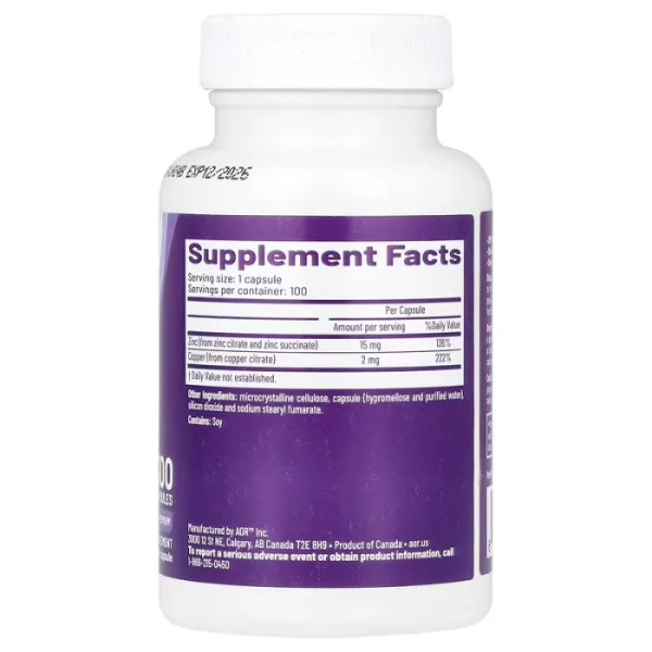 Цинк і мідь, Zinc-Copper Balance, Advanced Orthomolecular Research AOR, 100 капсул