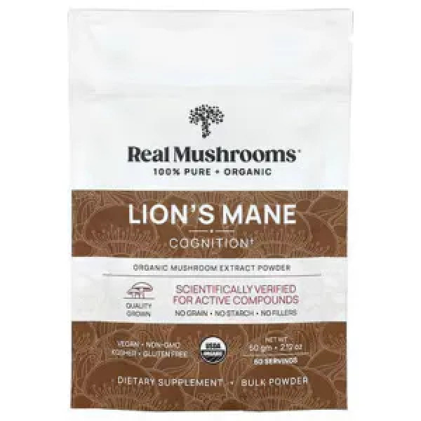 Їжовик гребінчастий, Lion's Mane, Real Mushrooms, екстракт гриба, органічний порошок, 60 г
