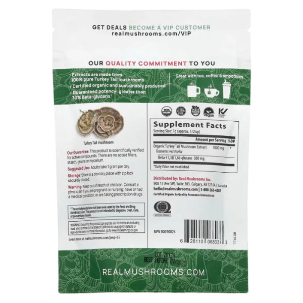 Траметес різнокольоровий, Turkey Tail, Real Mushrooms, порошок, органічний екстракт гриба, 45 г