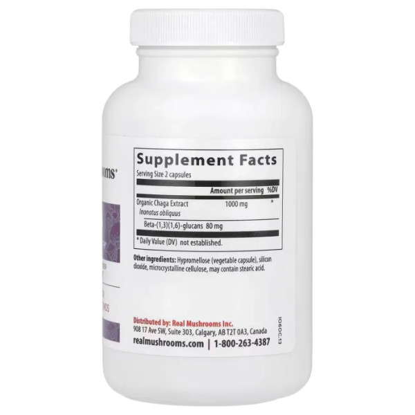 Чага, Chaga, Real Mushrooms, екстракт гриба порошок, 120 веганських капсул