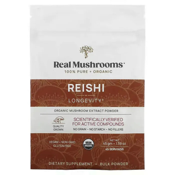 Рейші, Reishi, Real Mushrooms, екстракт гриба органічний порошок, 45 г