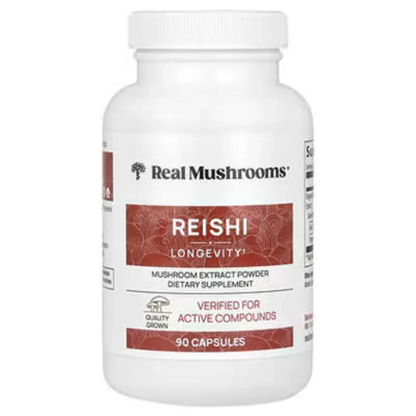 Рейші, Reishi, Real Mushrooms, екстракт гриба порошок, 90 веганських капсул