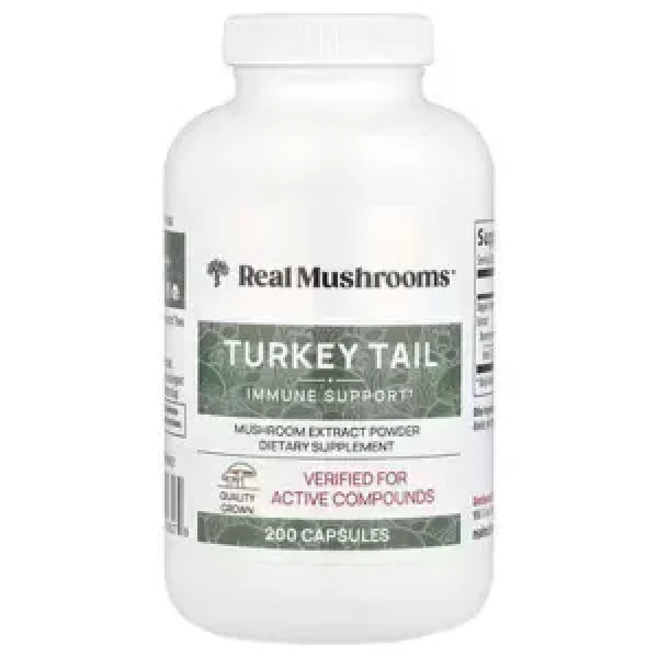 Траметес різнокольоровий, Turkey Tail, Real Mushrooms, екстракт порошок гриба, 200 веганських капсул