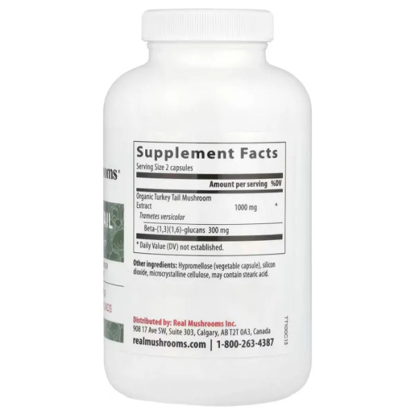Траметес різнокольоровий, Turkey Tail, Real Mushrooms, екстракт порошок гриба, 200 веганських капсул