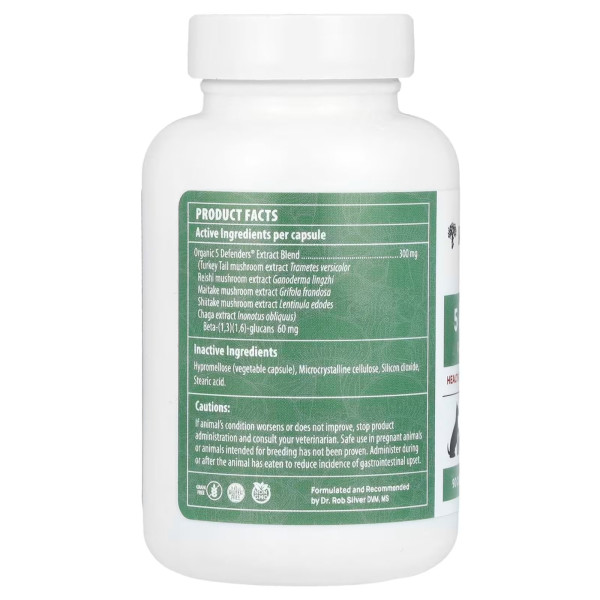 Захист імунітету для котів та собак, 5 Defenders, For Dogs and Cats, Real Mushrooms, екстракт грибів, 90 капсул