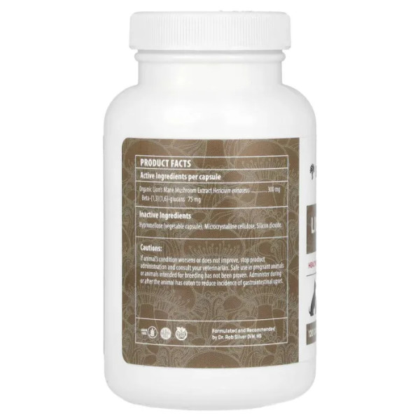 Підтримка мозку, анти-стрес для кішок і собак, Lion's Mane, For Dogs and Cats, Real Mushrooms, екстракт гриба Їжовик гребінчастий, 120 капсул (60 г)