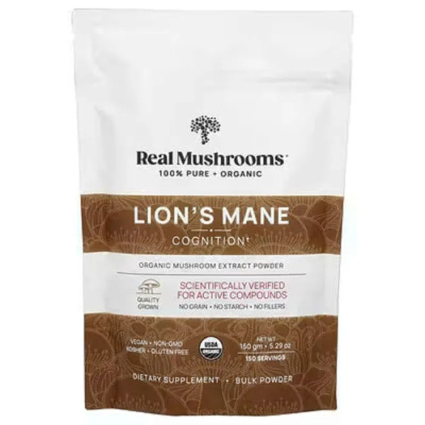 Їжовик гребінчастий, Lion's Mane, Real Mushrooms, екстракт гриба, органічний порошок, 150 г