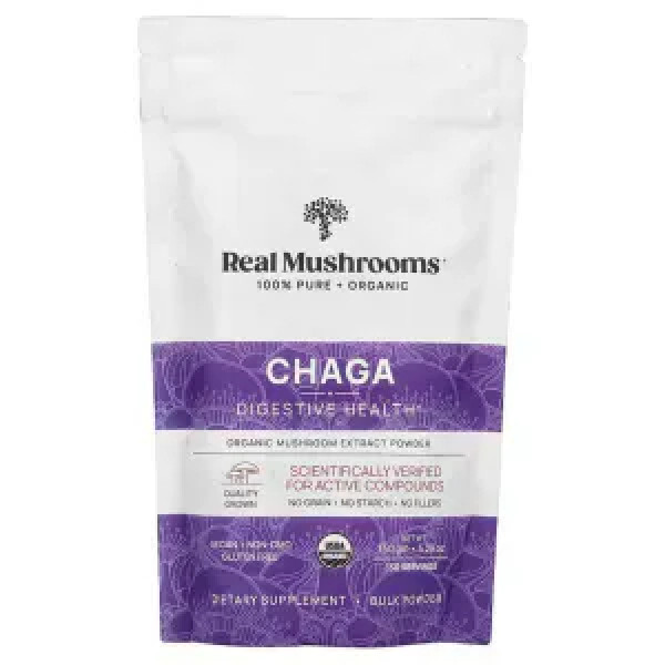 Чага, Chaga, Real Mushrooms, екстракт грибів, органічний порошок, 150 г
