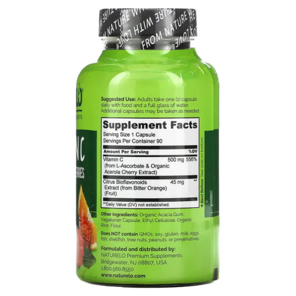 Вітамін С з вишнею ацероли, Vitamin C with Acerola Cherries Plus Citrus Bioflavonoids, NATURELO, плюс цитрусові біофлавоноїди, 90 веганських капсул