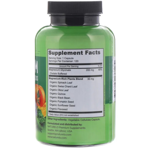 Магній хелат гліцинату з органічними овочами та насінням, Magnesium with Organic Veggies & Seeds, NATURELO, 200 мг, 120 вегетаріанських капсул