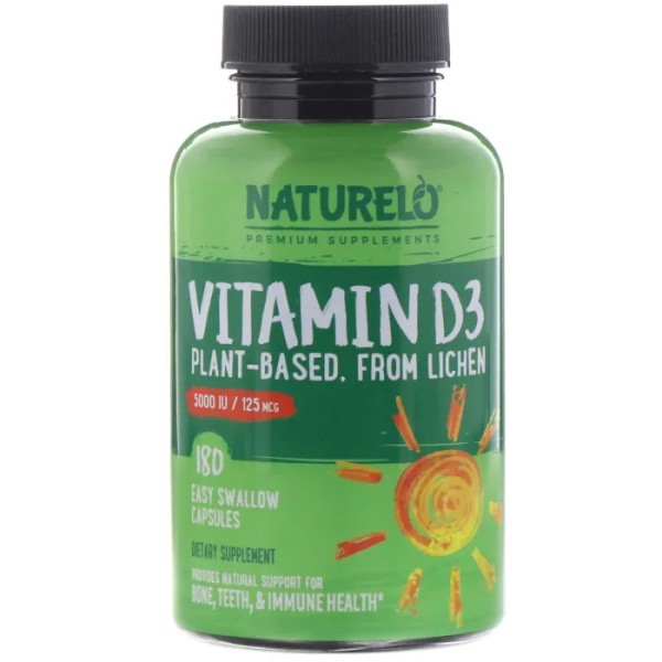 Вітамін D3, Vitamin D3, Plant Based, NATURELO, 5000 МО \/ 125 мкг, 180 капсул