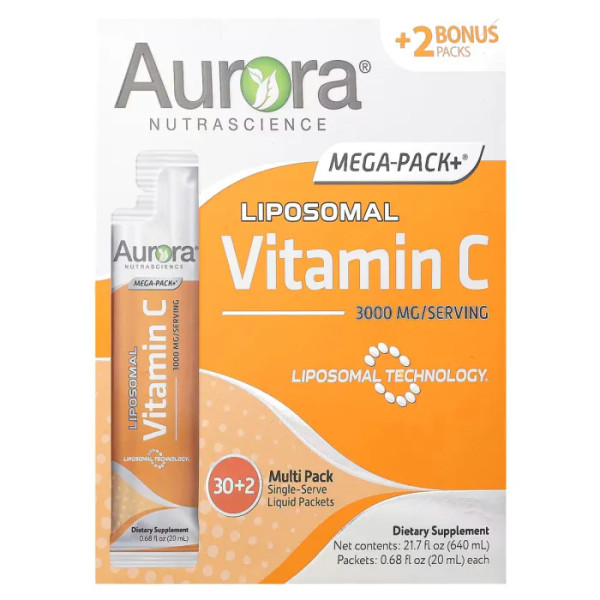 Вітамін С ліпосомальний, Mega-Liposomal Vitamin C, Aurora Nutrascience, 3000 мг, 32 пакети по 20 мл кожен