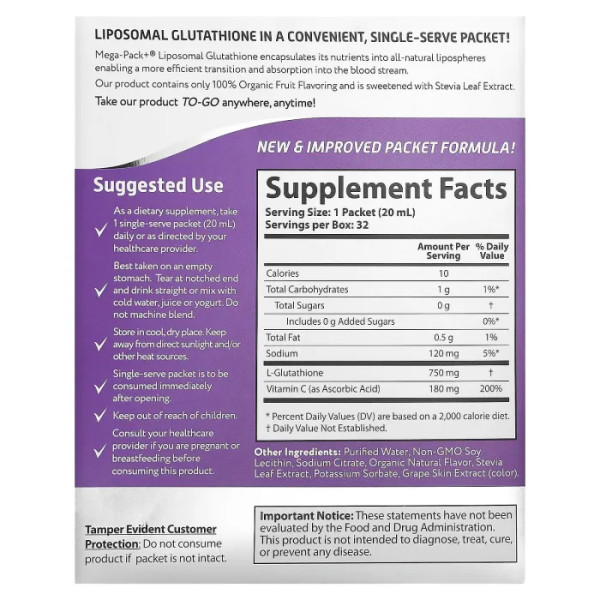 Глутатіон ліпосомальний, Liposomal Glutathione, Aurora Nutrascience, Mega-Pack+ 750 мг, мега-упаковка, 32 пакети по 20 мл кожен