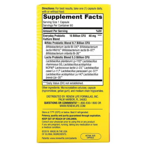 Пробіотики, Ultimate Flora Everyday Probiotic, Renew Life, щоденні, 15 млрд КУО, 60 вегетаріанських капсул