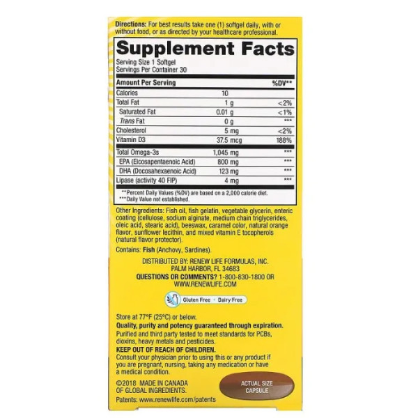 Норвезький риб'ячий жир з омега-3, смак цитруса, Norwegian Fish Oil, Renew Life, 1045 мг, 30 гелевих капсул з ентеросолюбільним покриттям