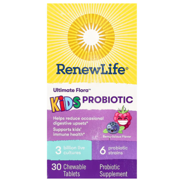 Пробіотики для дітей, Ultimate Flora, Kids Probiotic, Renew Life, зі смаком ягід, 3 млрд живих культур, 30 жувальних таблеток