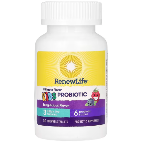 Пробіотики для дітей, Ultimate Flora, Kids Probiotic, Renew Life, зі смаком ягід, 3 млрд живих культур, 30 жувальних таблеток