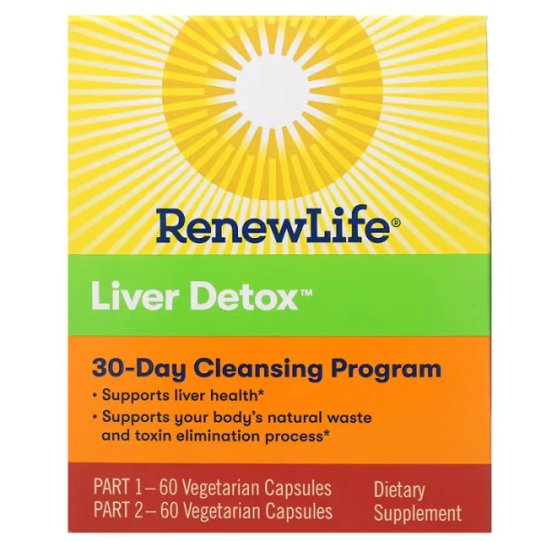 Детоксикації печінки, Liver Detox, Renew Life, 30-денна програма очищення, 2 флакони по 60 вегетаріанських капсул у кожному