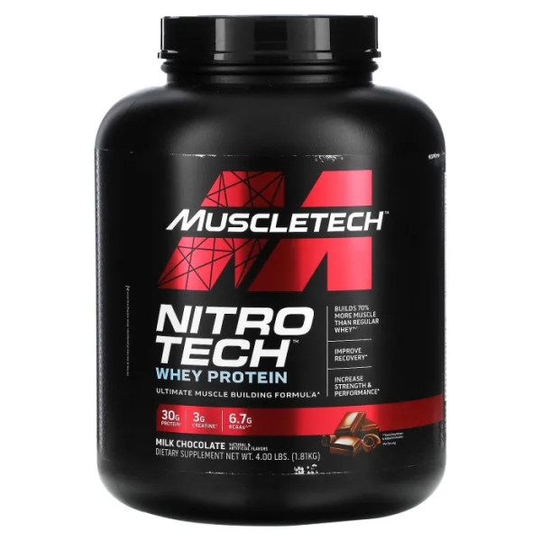 Сывороточный протеин, молочный шоколад, NitroTech, Muscletech, источник сывороточных пептидов и изолята, 1.81 кг.