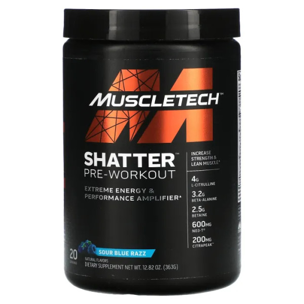Передтренувальний комплекс, Shatter, Pre-Workout, Muscletech, смак блакитної малини, 363 г