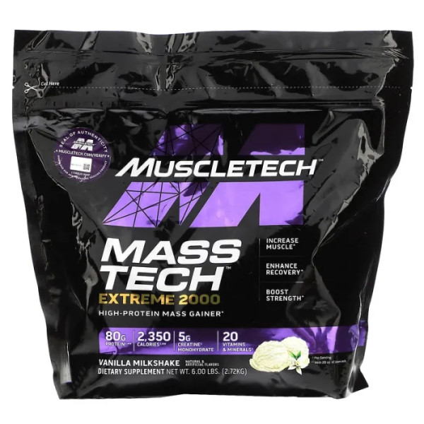 Гейнер, Mass Tech Extreme 2000, MuscleTech, для набору м'язової маси, ванільний молочний коктейль, 2,72 кг