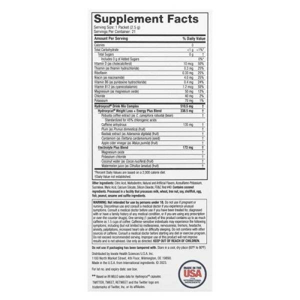 Вітаміни з електролітами для зниження ваги, Weight Loss + Electrolytes, Hydroxycut, суміш для приготування напою, зі смаком лісових ягід, 21 пакетик по 2,5 г