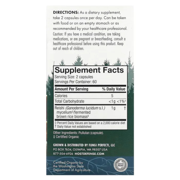 Грибы Рейши, Reishi, Fungi Perfecti, Host Defense, для поддержки сердца, 120 капсул