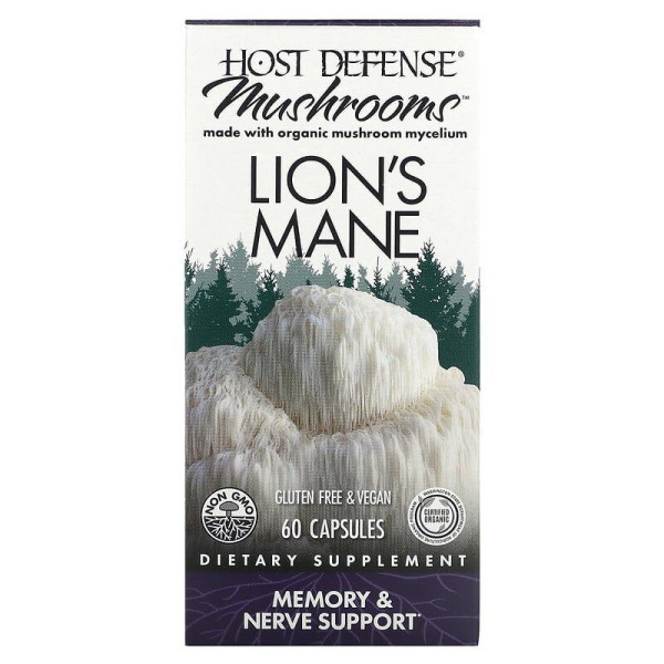 Їжовик гребінчастий, Lion's Mane, Fungi Perfecti, Host Defense, підтримка пам'яті та нервів, 1 г, 60 вегетаріанських капсул