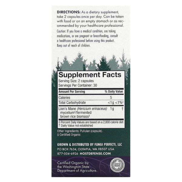 Їжовик гребінчастий, Lion's Mane, Fungi Perfecti, Host Defense, підтримка пам'яті та нервів, 1 г, 60 вегетаріанських капсул