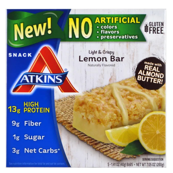 Хрусткі лимонні батончики, Crispy Lemon Bar, Atkins, 5 батончиків по 40 г кожен