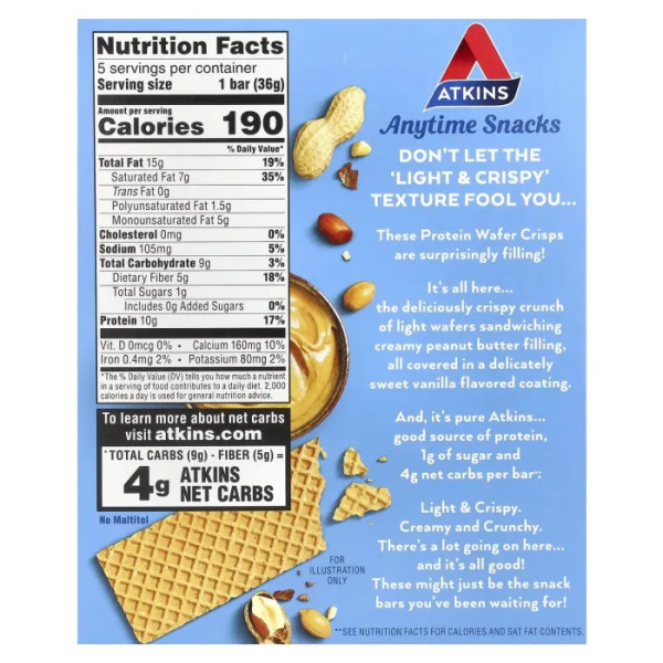 Протеїнові вафлі, Atkins, Anytime Snacks, з арахісовою пастою, 5 шт. по 36 г